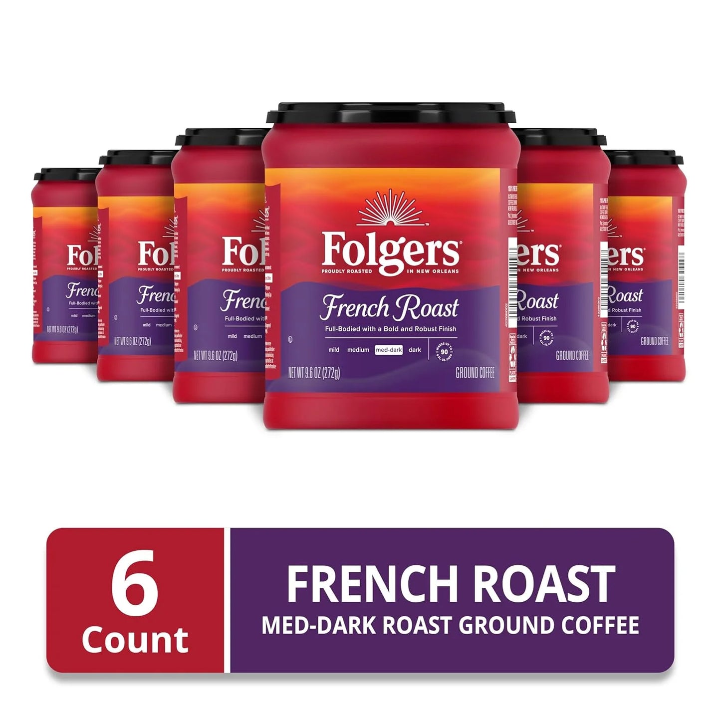 Folgers French Roast Ground Coffee, Medium-Dark, 6 (9.6 Oz.) Canisters