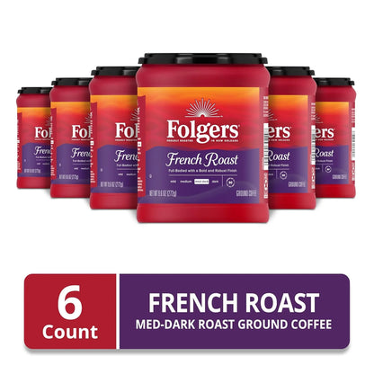 Folgers French Roast Ground Coffee, Medium-Dark, 6 (9.6 Oz.) Canisters