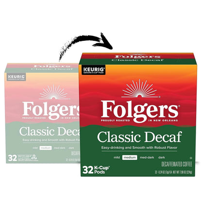 Folgers Classic Decaf Medium Roast Coffee, Keurig K-Cup Pods, 32 Count Box