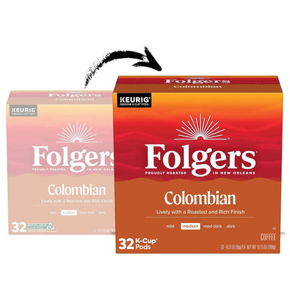 Folgers Colombian Coffee, Medium Roast, Keurig K-Cup Pods, 32 Count Box