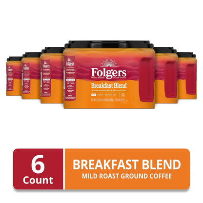 Folgers Breakfast Blend Ground Coffee, Mild Roast, 6 Canisters