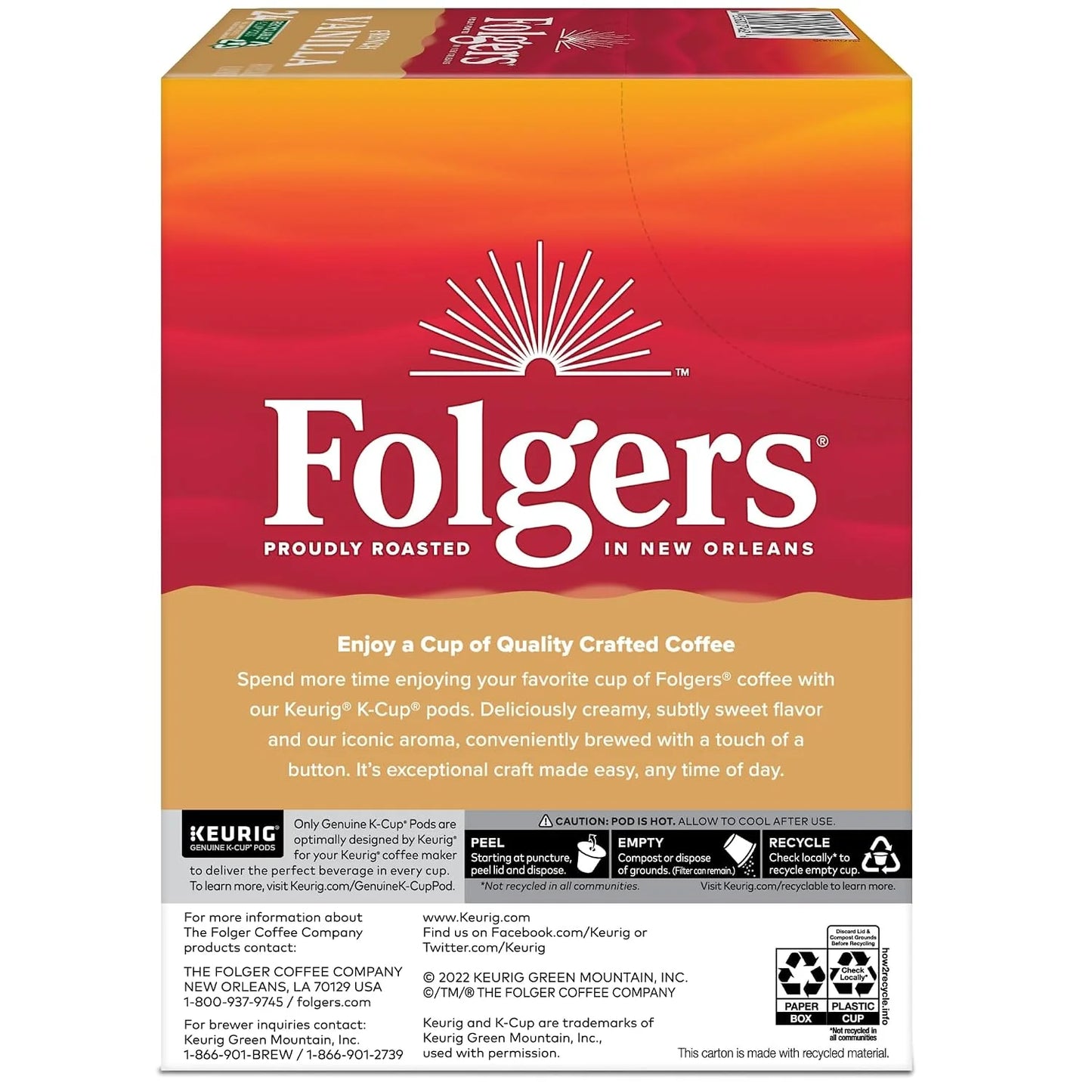 Folgers French Vanilla Keurig Single Serve K-Cup Pods, 24 Pods Per Pack, Case Of 4 Packs