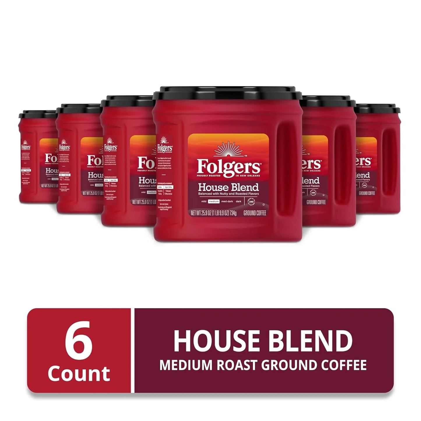 Folgers House Blend Ground Coffee, Medium Roast, 6 (25.9 Oz.) Canisters