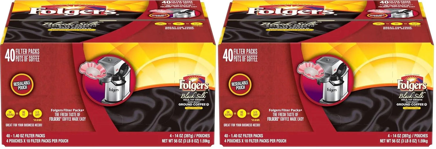 Folgers Black Silk Dark Roast Ground Coffee, 40-1.4 Ounce Filter Packs (Pack of 2)