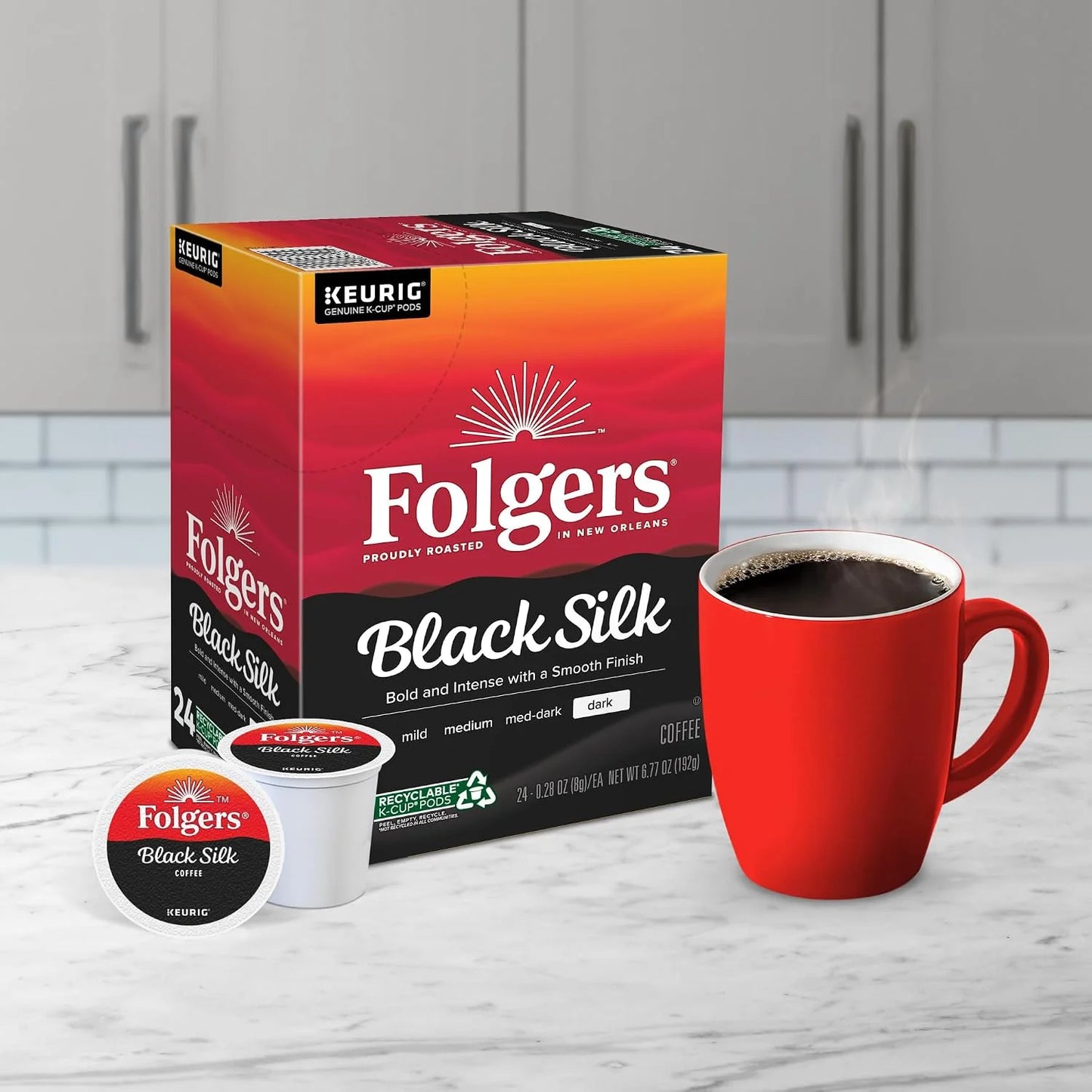 Folgers Black Silk Coffee Keurig Single Serve K-Cup Pods, Dark Roast, 24 Pods Per Pack, Case Of 4 Packs