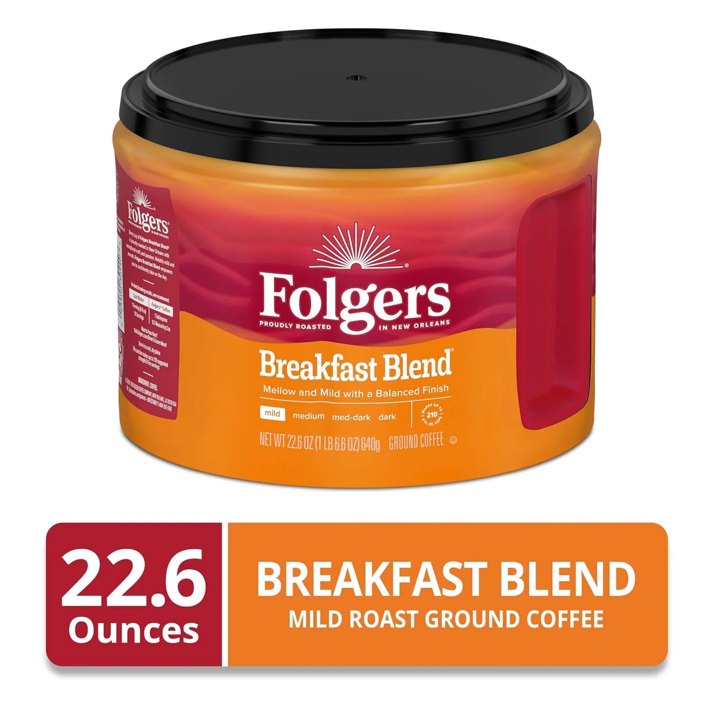 Folgers Breakfast Blend Ground Coffee, Mild Roast, 22.6 Oz. Canister