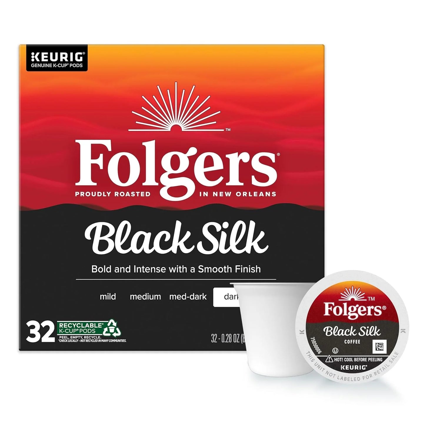 Folgers Black Silk Dark Roast Coffee, Keurig K-Cup Pods, 32 Count Box