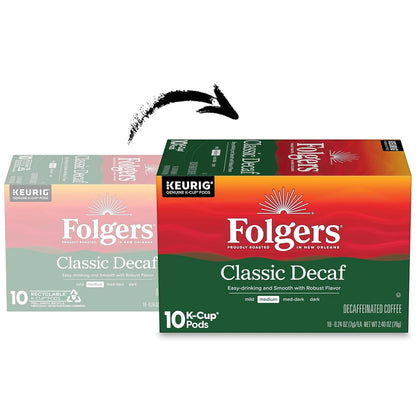Folgers Classic Decaf Medium Roast Coffee, Keurig K-Cup Pods, 10 Count Box