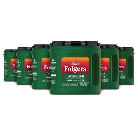 Folgers Classic Decaf Ground Coffee, Medium Roast, 6 Canisters