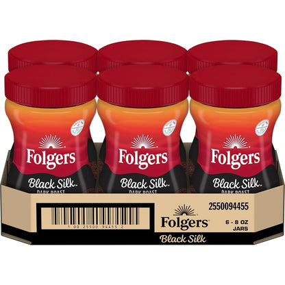 Folgers Black Silk Instant Coffee, Dark Roast, 6 Jars