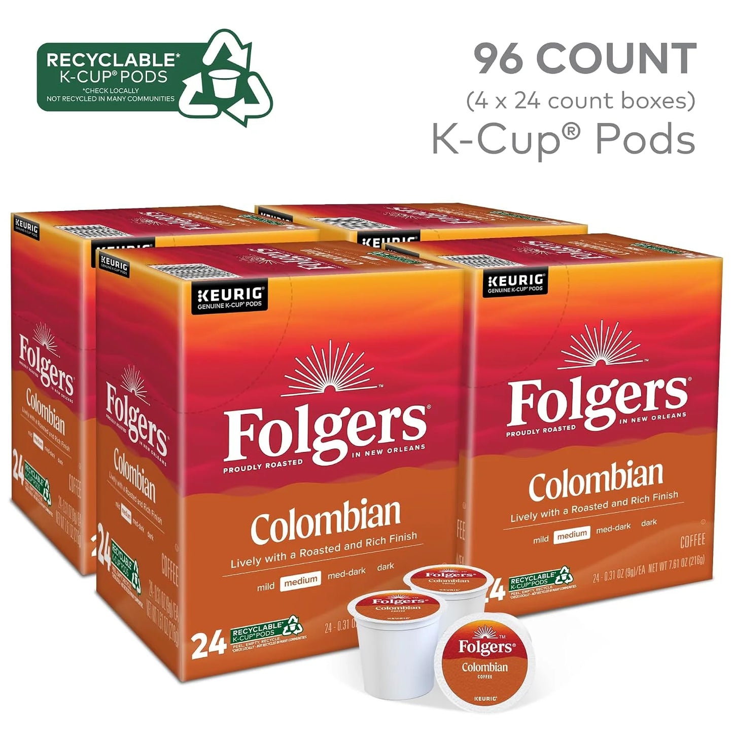 Folgers 100% Colombian Medium Roast Coffee, 96 Keurig K-Cup Pods