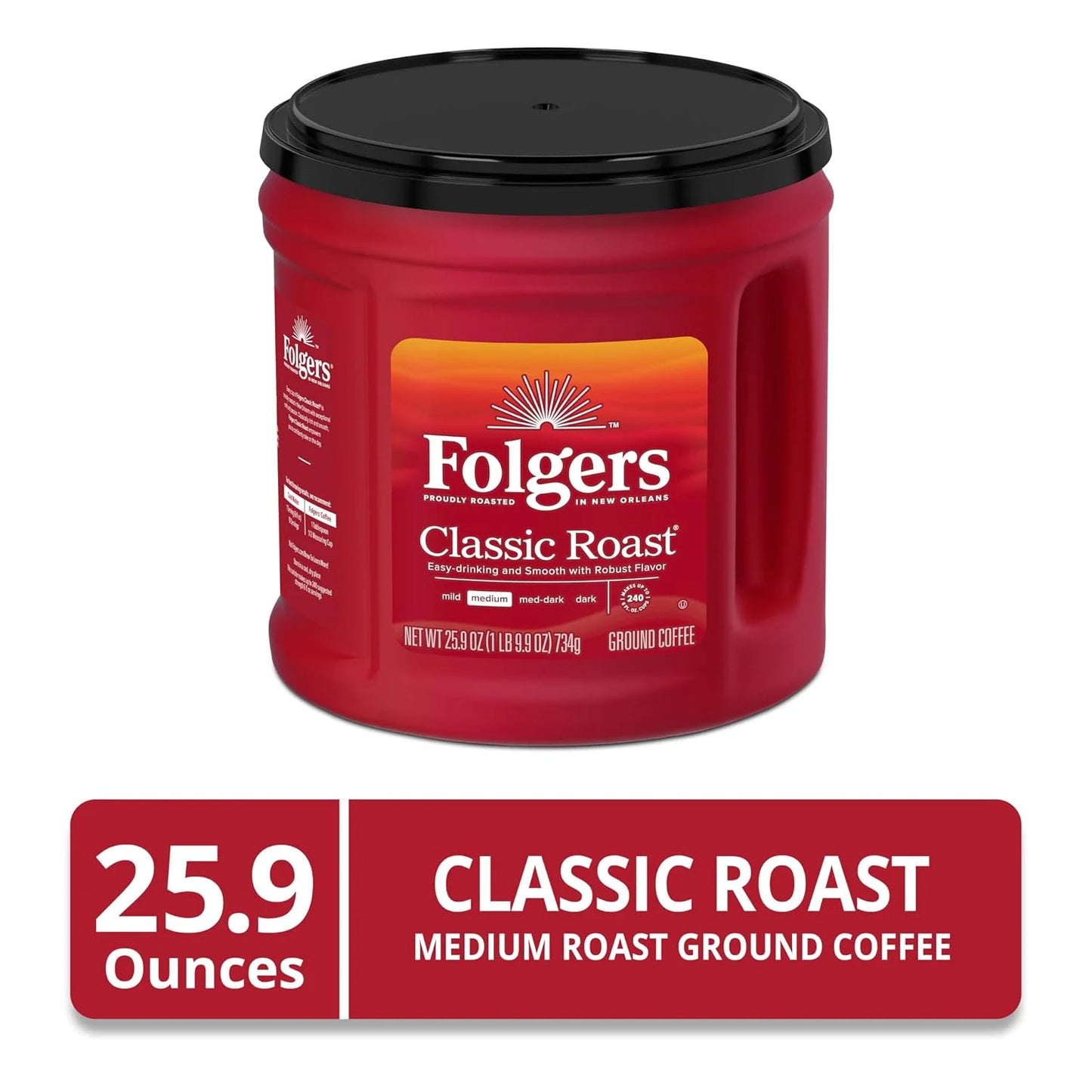 Folgers Classic Roast Ground Coffee, Medium Roast, 25.9 Oz. Canister