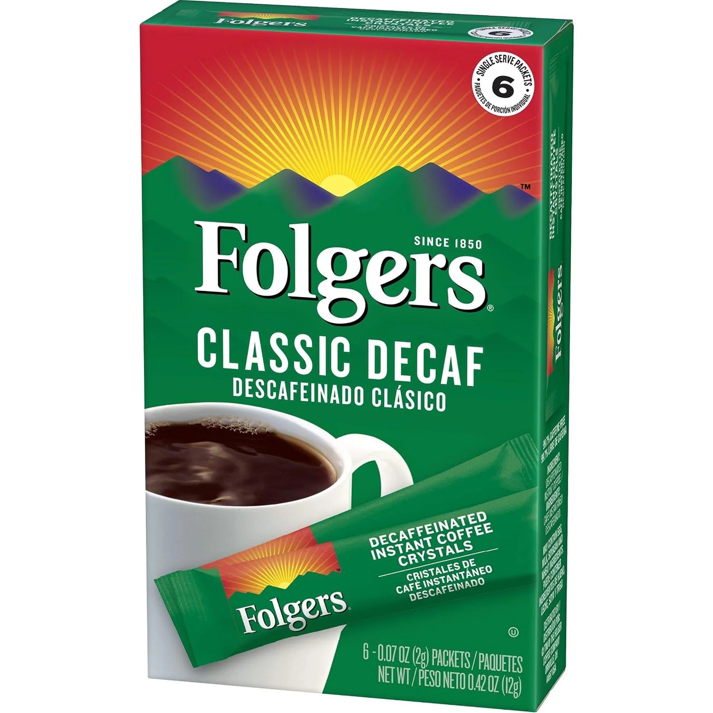 Folgers Classic Decaf Decaffeinated Instant Coffee Crystals, 6 Single Serve Packets (Pack of 12)