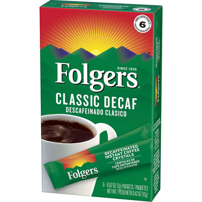 Folgers Classic Decaf Decaffeinated Instant Coffee Crystals, 6 Single Serve Packets (Pack of 12)