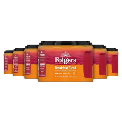 Folgers Breakfast Blend Ground Coffee, Mild Roast, 6 Canisters
