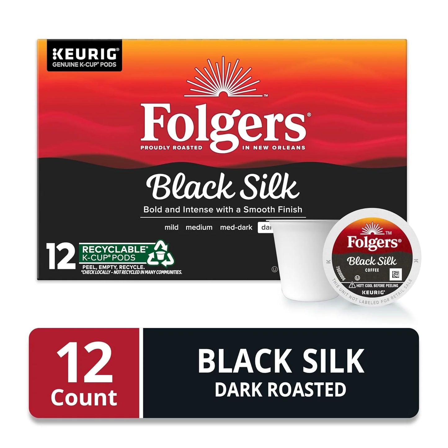 Folgers Black Silk, Dark Roast Coffee, Keurig K-Cups, 12 Count Box