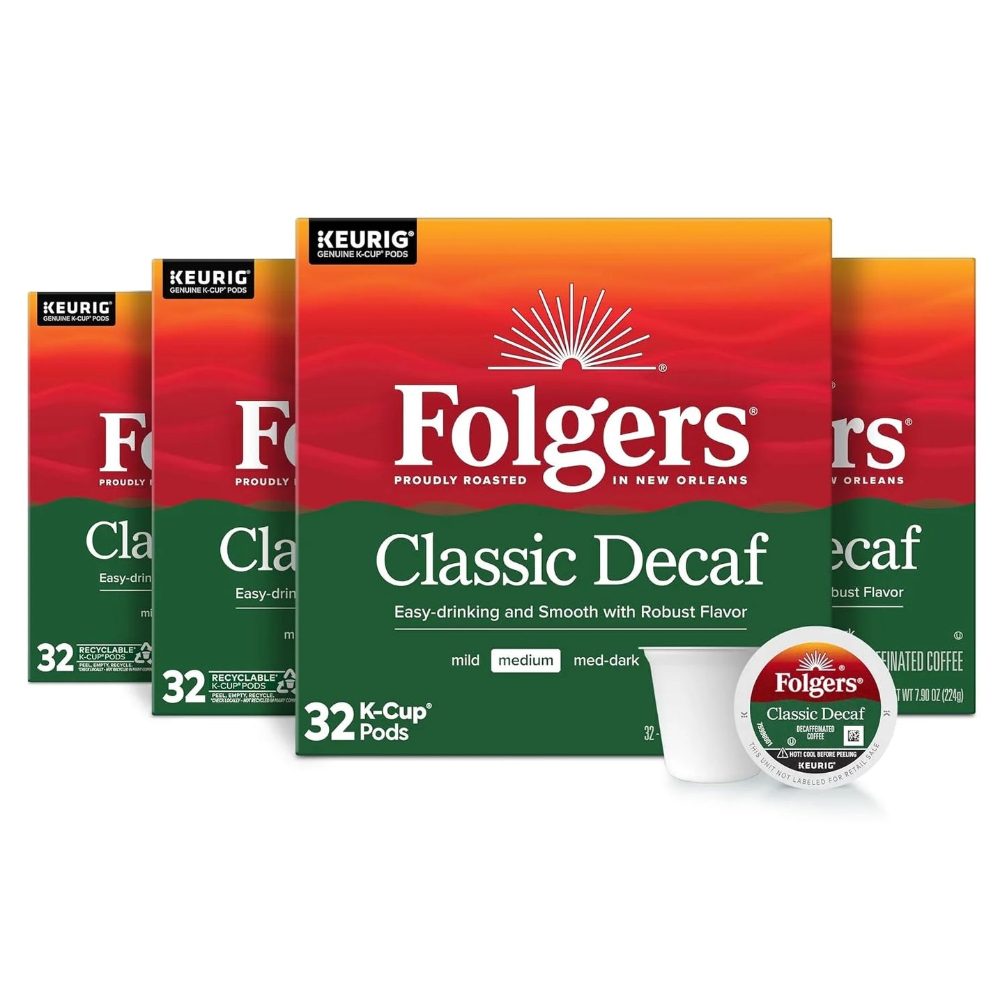 Folgers Classic Decaf Coffee, Medium Roast, Keurig K-Cup Pods, 128 Count