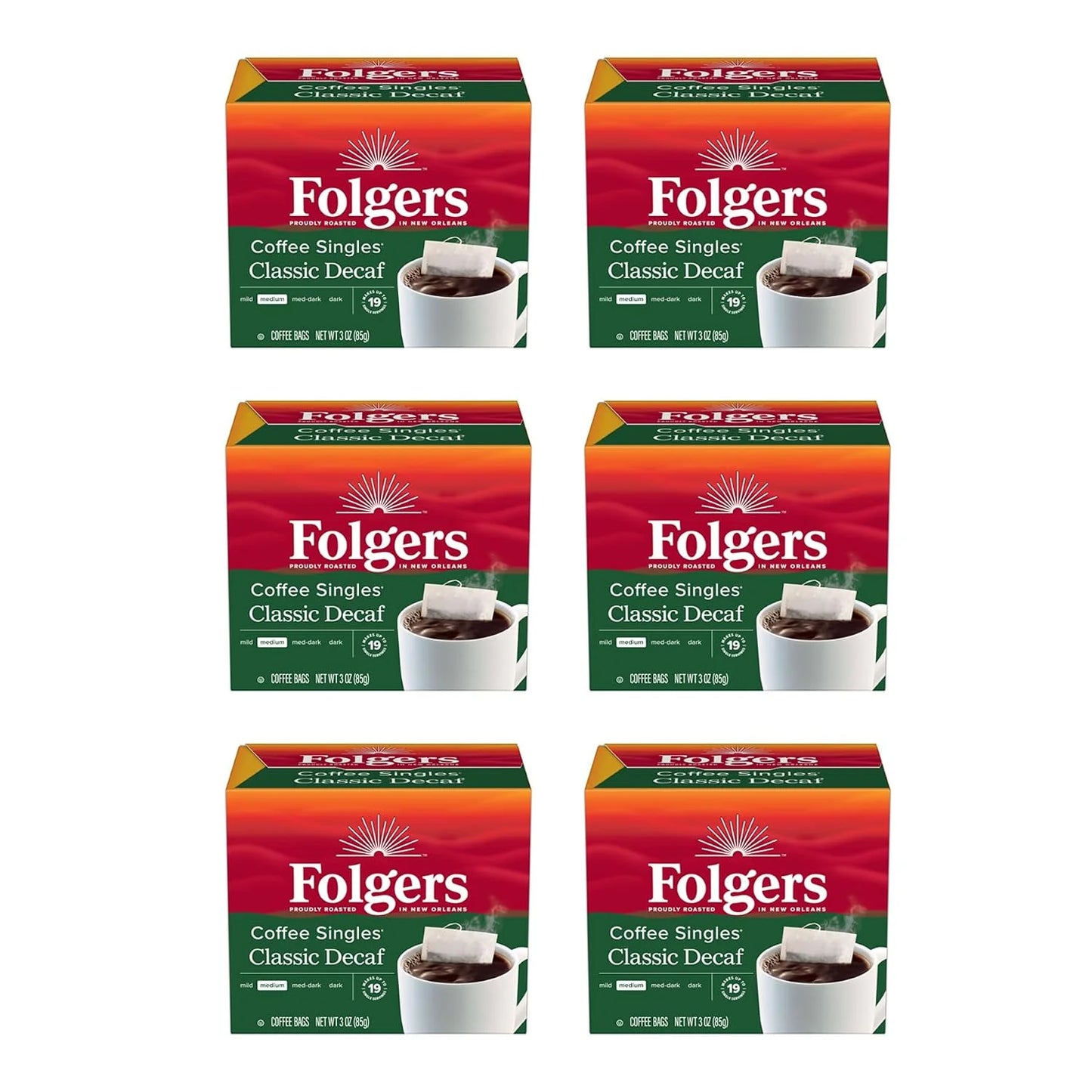 Folgers Coffee Singles Medium Roast Decaf Coffee Bags, 19 Count (Pack of 6)