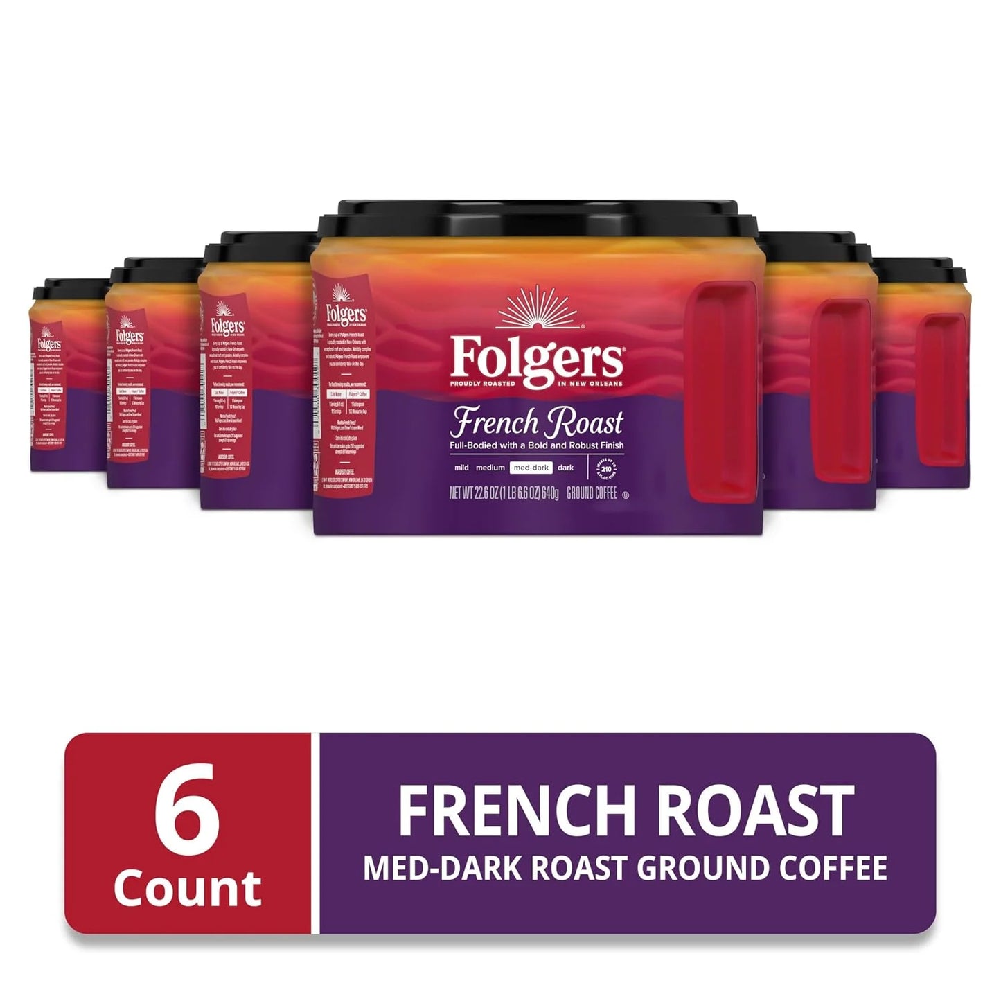 Folgers French Roast Ground Coffee, Medium-Dark, 6 (22.6 Oz.) Canisters
