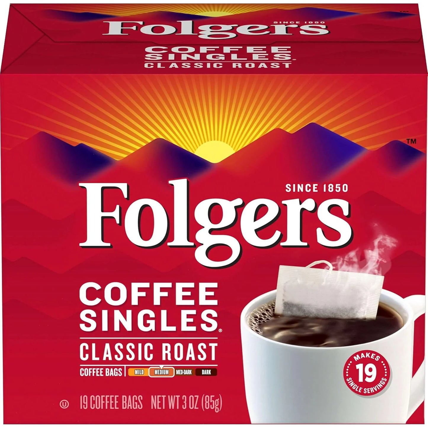 Folgers Classic Roast Coffee Singles, 19 ct