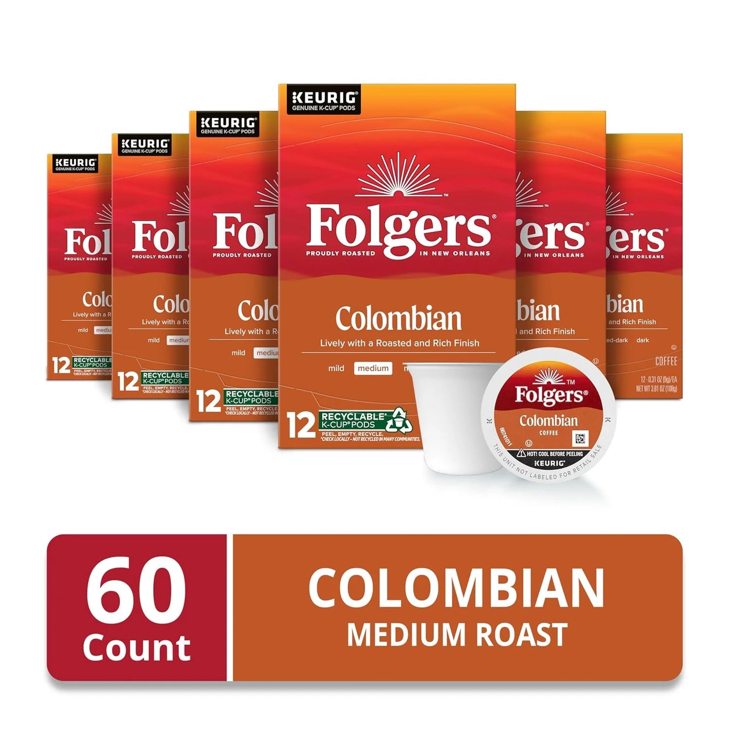 Folgers Colombian Coffee, Medium Roast, Keurig K-Cup Pods, 72 Count