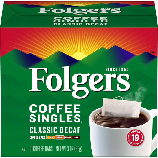 Folgers Coffee Singles Classic Decaf Medium Roast Coffee, 19 Single Serve Coffee Bags