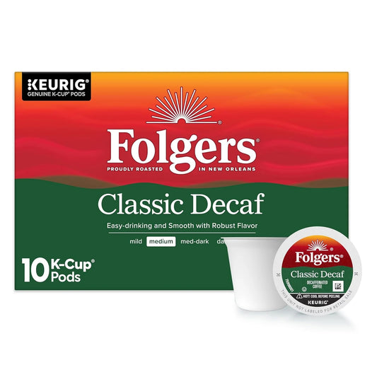 Folgers Classic Decaf Medium Roast Coffee, Keurig K-Cup Pods, 10 Count Box