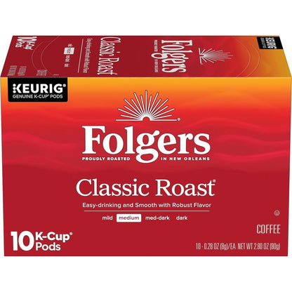 Folgers Classic Roast Coffee, Medium Roast, Keurig K-Cup Pods, 10 Count Box