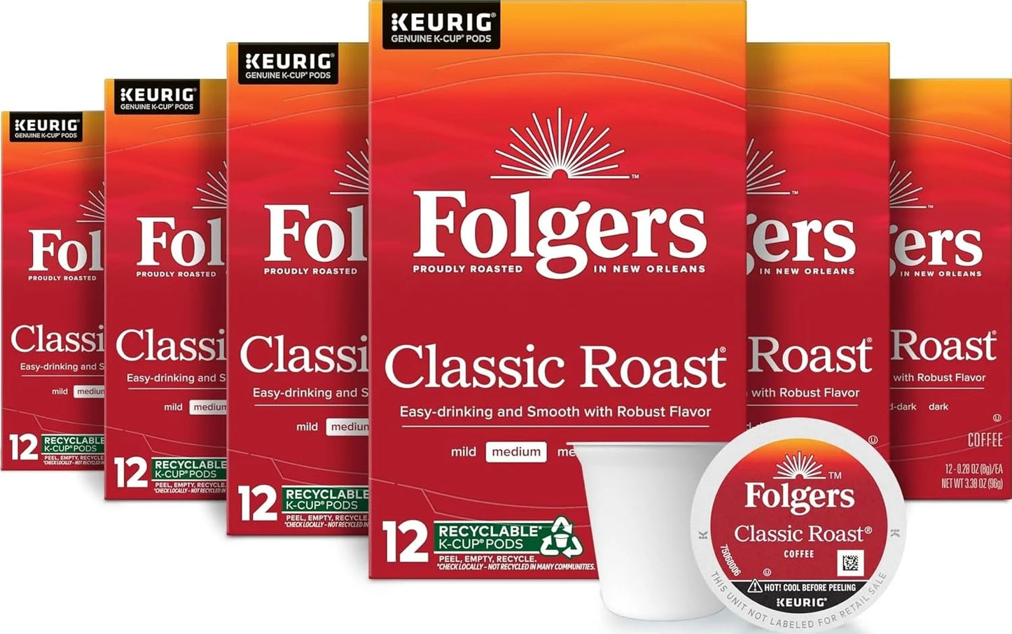 Folgers Classic Roast Coffee, Medium Roast, Keurig K-Cup Pods, 72 Count