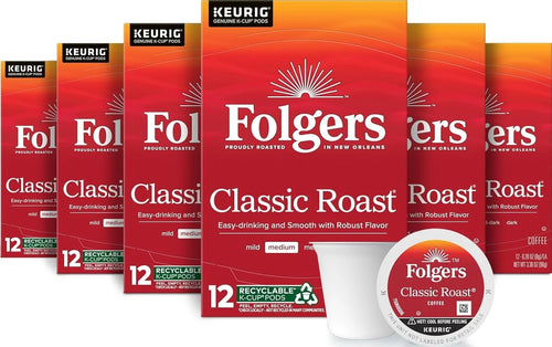 Folgers Classic Roast Coffee, Medium Roast, Keurig K-Cup Pods, 72 Count