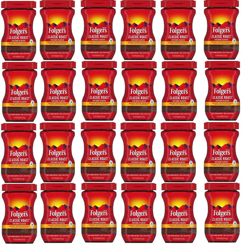 Folgers 20083 Classic Roast Instant Coffee Crystals, 3 Ounces, 100% Pure Coffee, Medium Roast, Easy-open Flip Top Lid, Portable Plastic Jar, Pack of 24