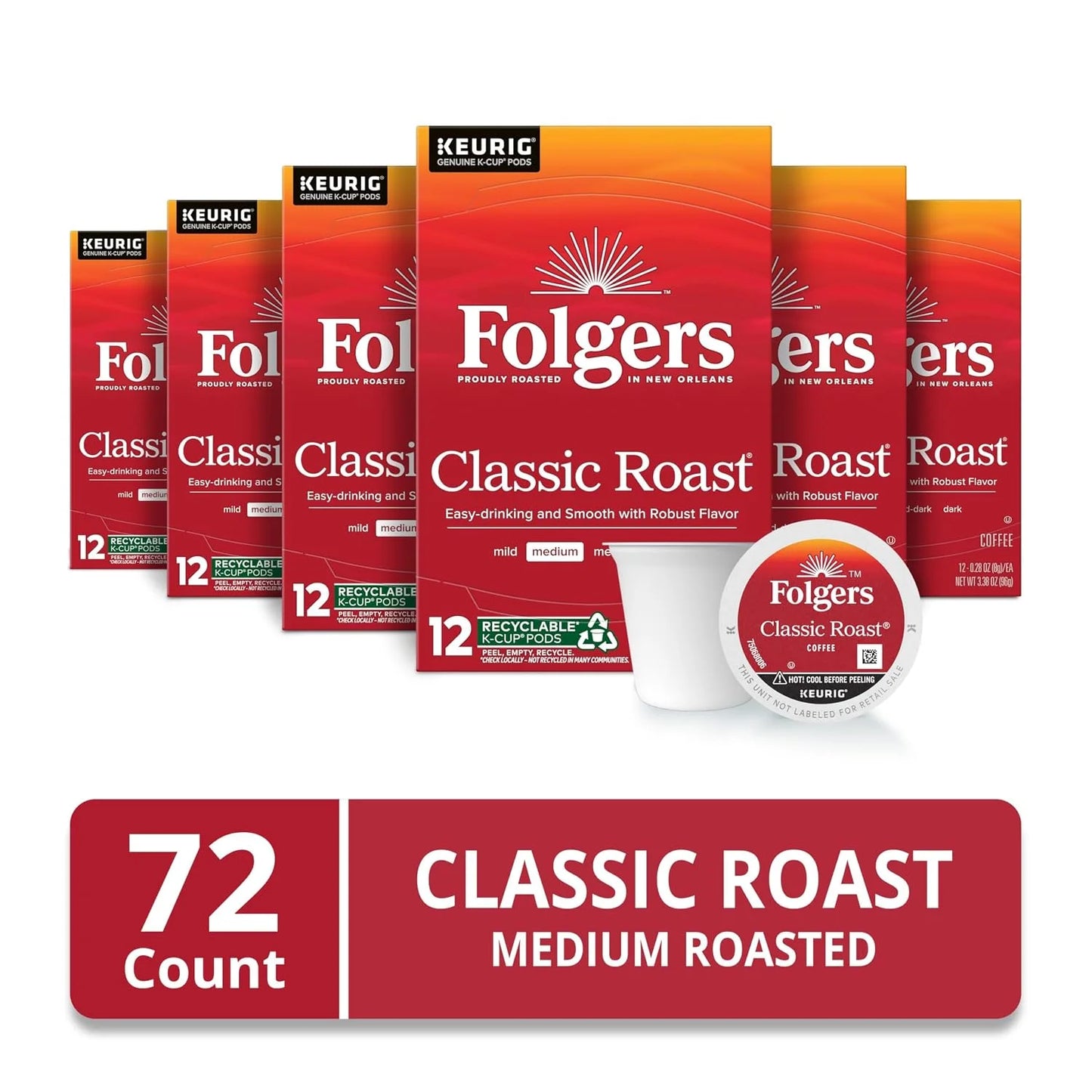 Folgers Classic Roast Coffee, Medium Roast, Keurig K-Cup Pods, 72 Count