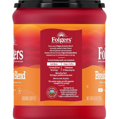 Folgers Breakfast Blend Ground Coffee, Smooth & Mild Coffee, 9.6 Ounce Canister