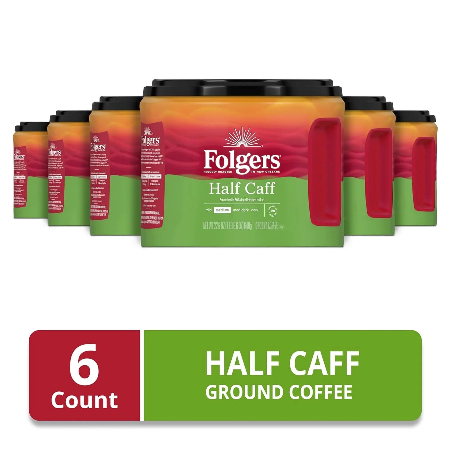 Folgers Half Caff Medium Roast Coffee, 22.6 Oz. Canister (Pack of 6)