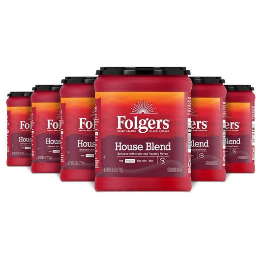Folgers House Blend Ground Coffee, Medium Roast, 6 (9.6 Oz.) Canisters