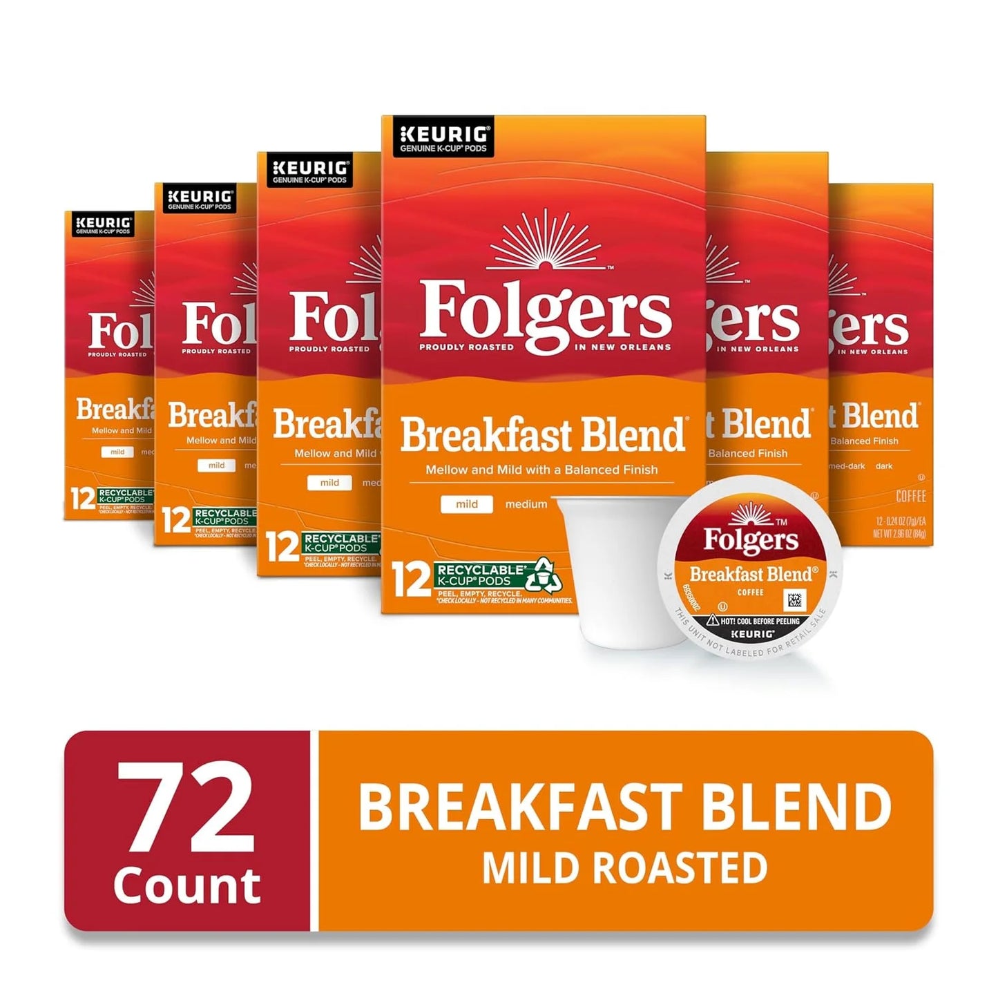 Folgers Breakfast Blend Coffee, Mild Roast, Keurig K-Cup Pods, 72 Count