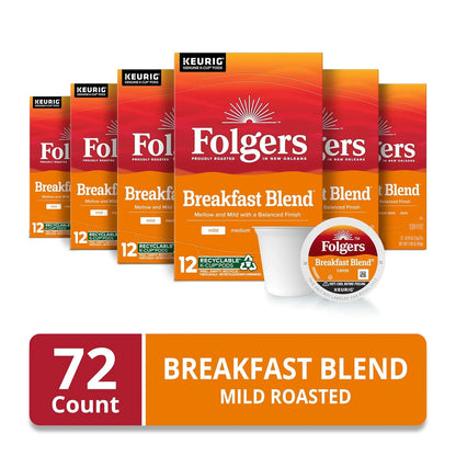 Folgers Breakfast Blend Coffee, Mild Roast, Keurig K-Cup Pods, 72 Count