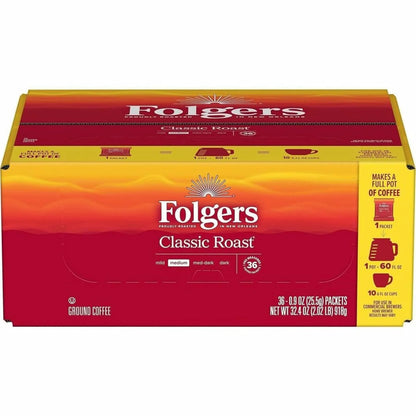 Folgers Classic Roast Medium Roast Ground Coffee, 36 Pack of 9 Ounce Fraction Packets, Frac Packs
