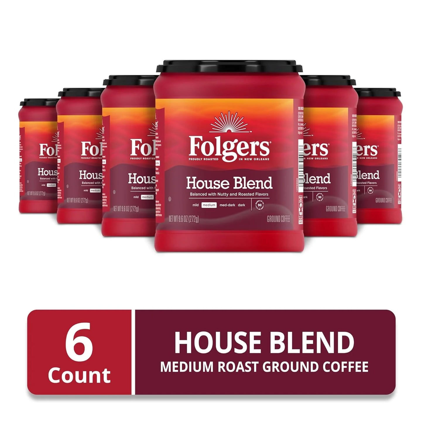 Folgers House Blend Ground Coffee, Medium Roast, 6 (9.6 Oz.) Canisters