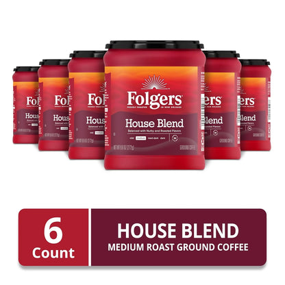 Folgers House Blend Ground Coffee, Medium Roast, 6 (9.6 Oz.) Canisters