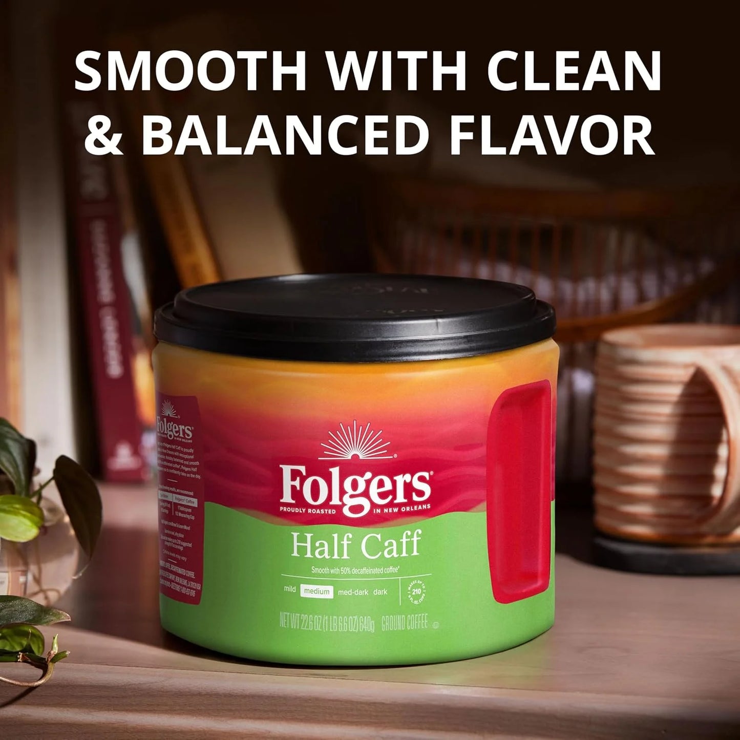 Folgers Half Caff Medium Roast Coffee, 22.6 Oz. Canister (Pack of 6)