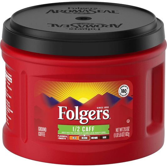 Folgers 1/2 Caff Medium Roast Ground Coffee, 21.6 Ounces (Pack of 3)
