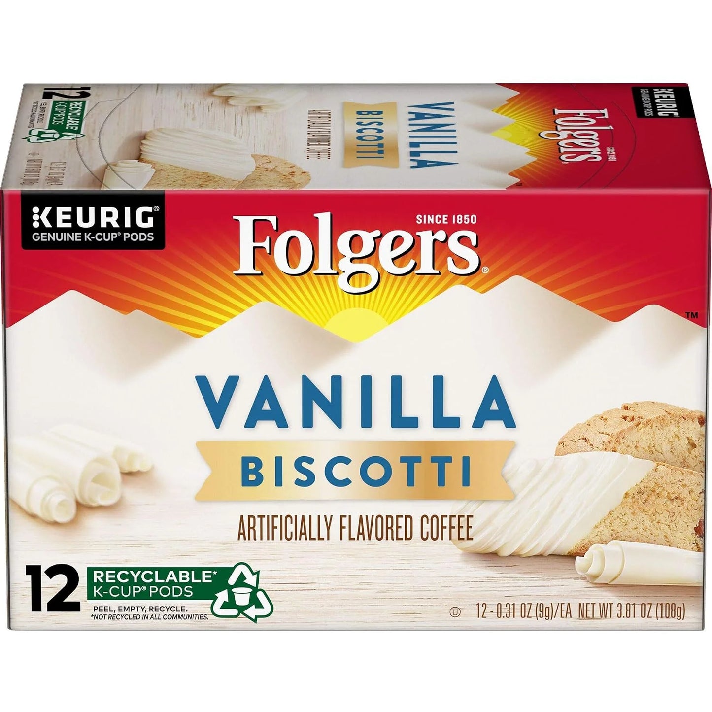 Folgers Vanilla Biscotti Flavored Coffee, 12 K Cups for Keurig Coffee Makers