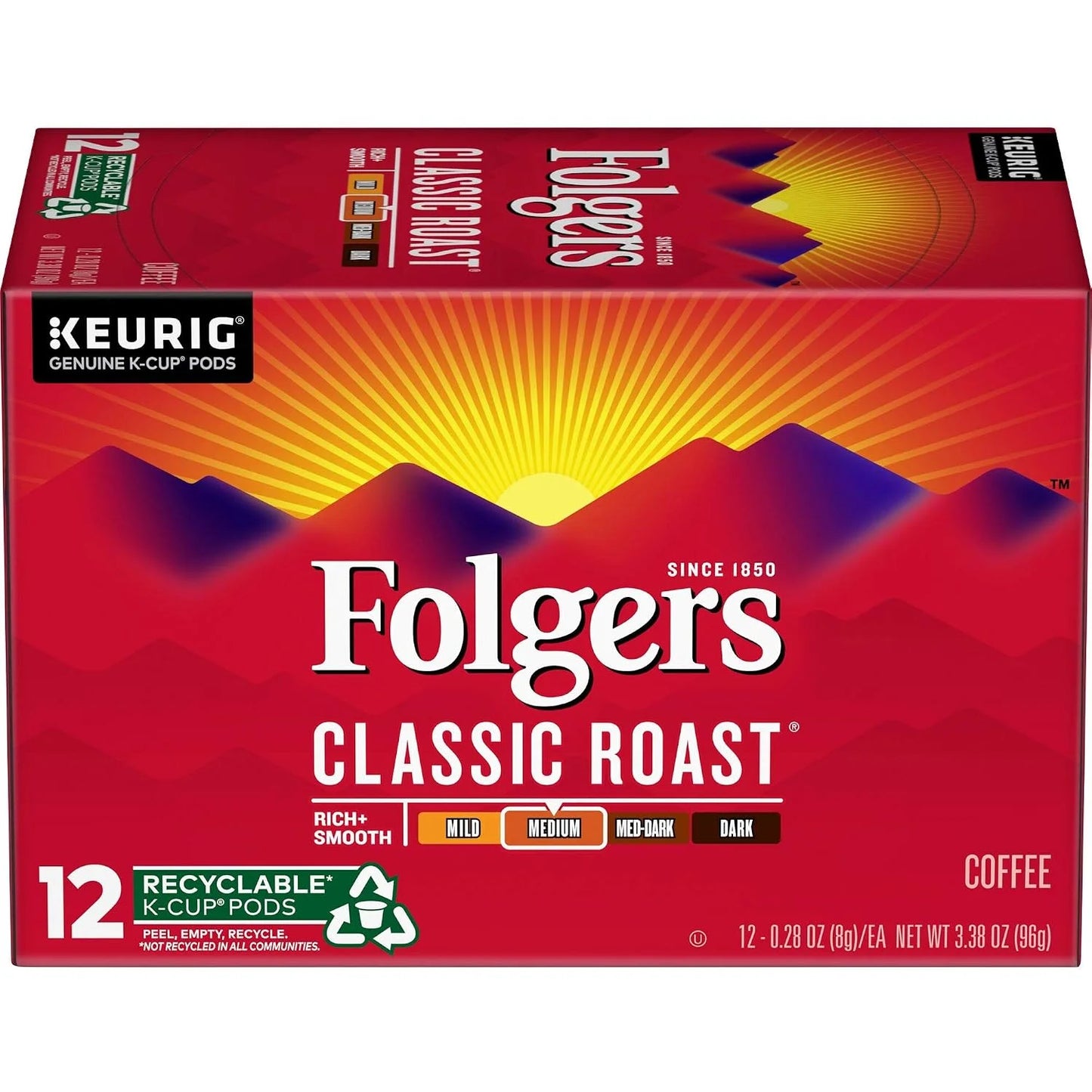 Folgers Classic Roast Medium Roast Coffee, 12 Keurig K-Cup Pods