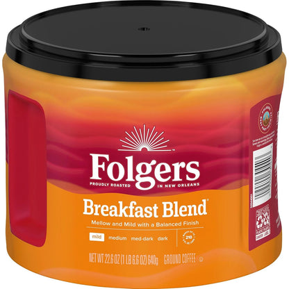 Folgers Breakfast Blend Ground Coffee, Mild Roast, 22.6 Oz. Canister