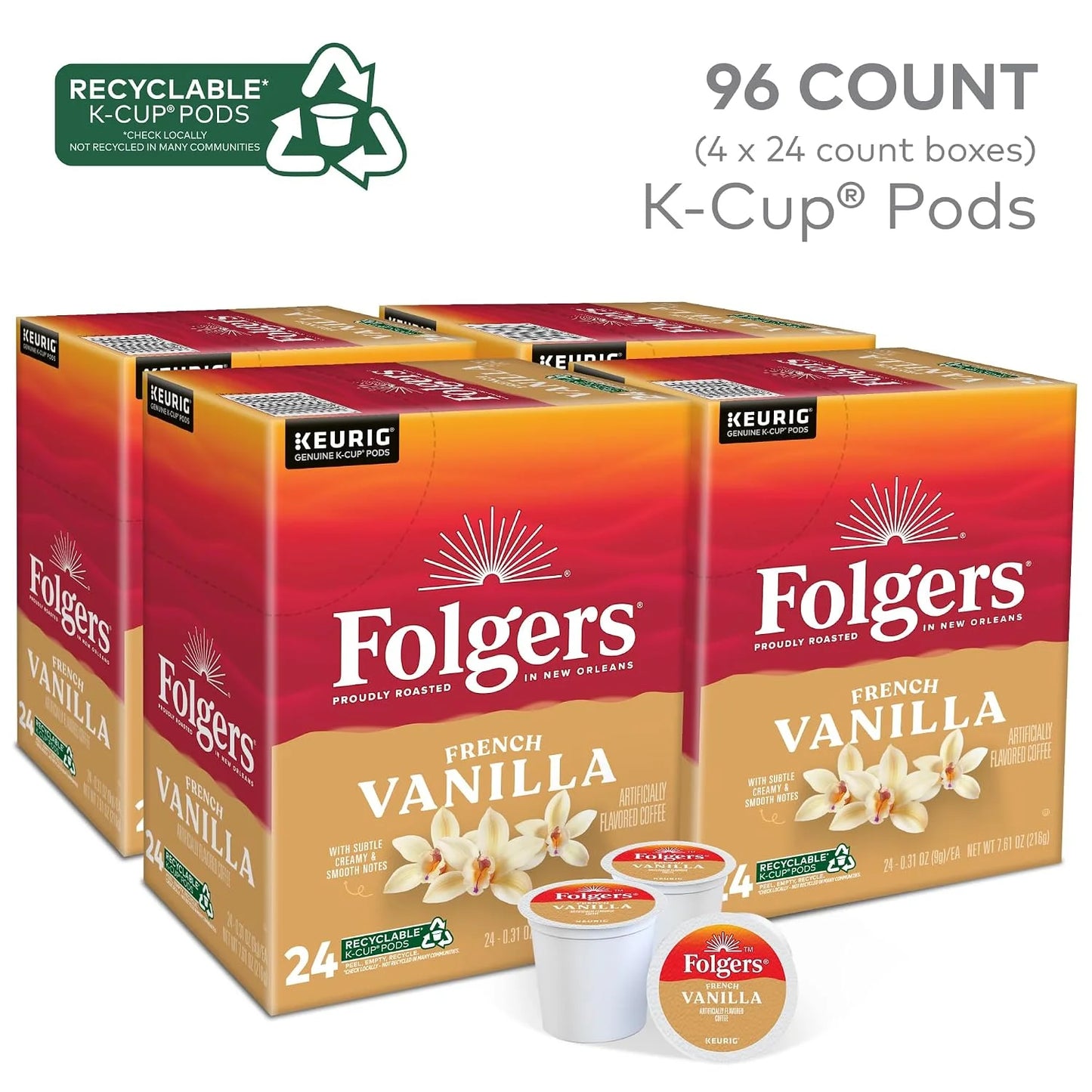 Folgers French Vanilla Keurig Single Serve K-Cup Pods, 24 Pods Per Pack, Case Of 4 Packs