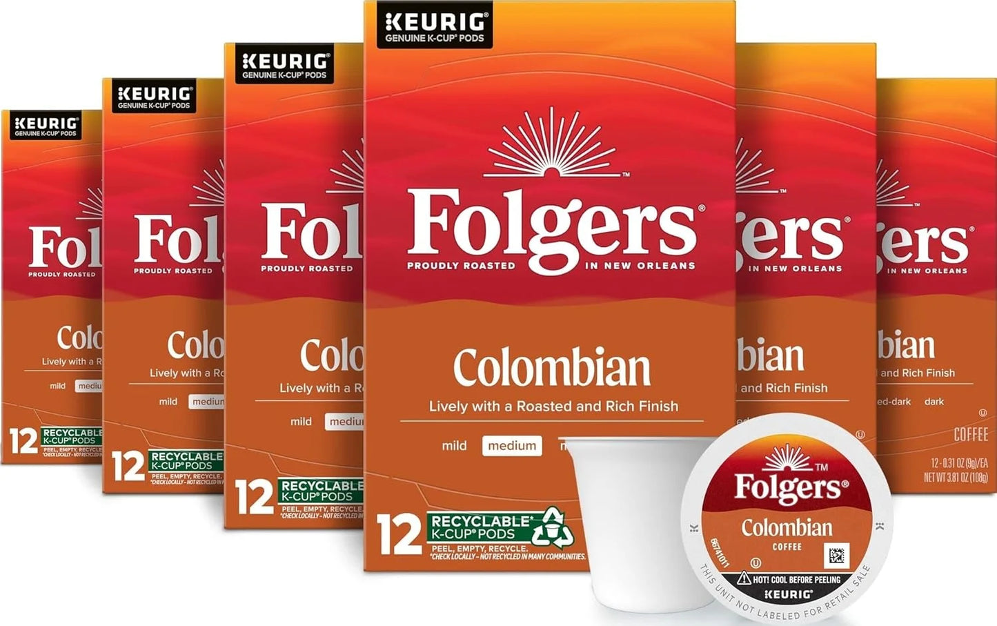 Folgers Colombian Coffee, Medium Roast, Keurig K-Cup Pods, 72 Count