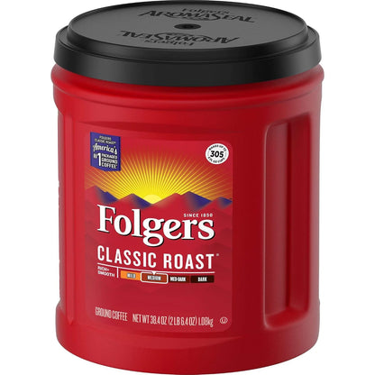 Folgers Classic Roast Medium Roast Ground Coffee, 38.4 Ounces (Pack of 6)