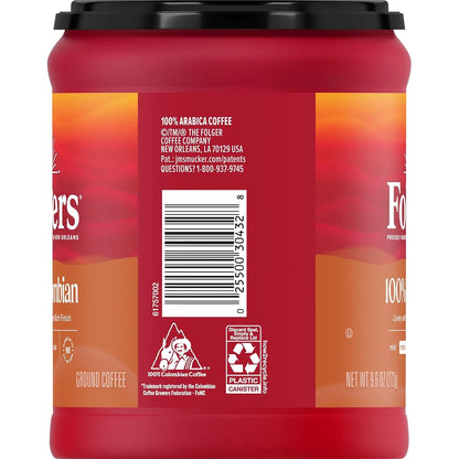 Folgers 100% Colombian Coffee, Medium Roast Ground Coffee, 9.6 Ounce Canister