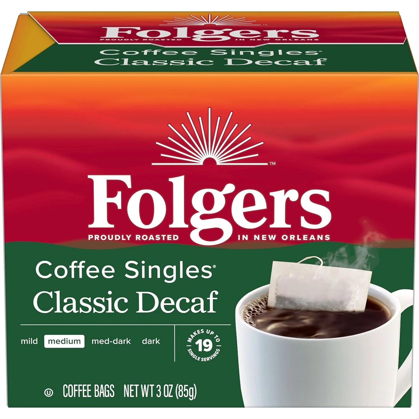 Folgers Classic Decaf Instant Coffee Singles, Medium Roast, 19 Count